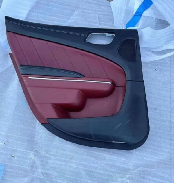 Close-up of SRT Hellcat logo on Dodge Charger door panel